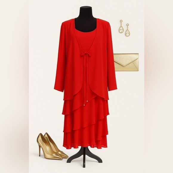 Saks Fifth Avenue Dresses & Skirts - Vtg 80s Cattiva Saks Fifth Avenue Red Tiered Ruffle Dress Jacket Set Sz 12 USA